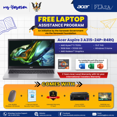 (my-Yayasan) Acer Aspire 3 A315-24P-R4RQ 15.6'' FHD Laptop Pure Silver ( Ryzen 5 7520U, 16GB, 512GB SSD, ATI, W11, HS+M365 )