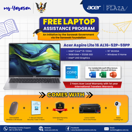 (my-Yayasan) Acer Aspire Lite 16 AL16-52P-59PP 16" WUXGA Laptop Steel Grey ( i5-1334U, 16GB, 512GB SSD, Intel, W11, HS+M365 )
