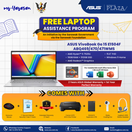 (my-Yayasan) Asus VivoBook Go 15 E1504F-ABQ470WMS 15.6'' FHD Laptop Grey Green ( Ryzen 5 7520U, 16GB, 512GB SSD, ATI, W11, HS )
