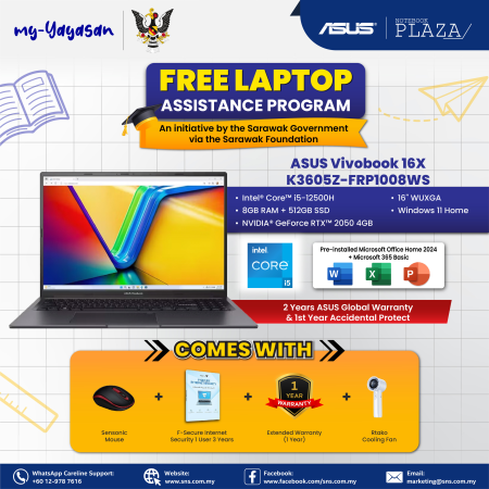(my-Yayasan) Asus Vivobook 16X K3605Z-FRP1008WS 16'' WUXGA Laptop Indie Black (i5-12500H, 8GB, 512GB SSD, RTX2050 4GB, W11, HS)