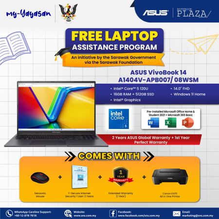 (my-Yayasan) Asus VivoBook 14 A1404V-APB007WSM 14'' FHD Laptop Quite Blue ( Core 5 120U, 16GB, 512GB SSD, Intel, W11, HS+M365 )