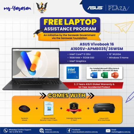 (my-Yayasan) Asus Vivobook 16 A1605V-APMB036WSM 16'' WUXGA Laptop Silver ( Core 5 120U, 16GB, 512GB SSD, Intel, W11, HS )