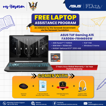 (my-Yayasan) Asus TUF Gaming A15 FA506N-FRHN666W 15.6'' FHD 144Hz Gaming Laptop ( Ryzen 7 7435HS, 8GB, 512GB SSD, RTX2050, W11)