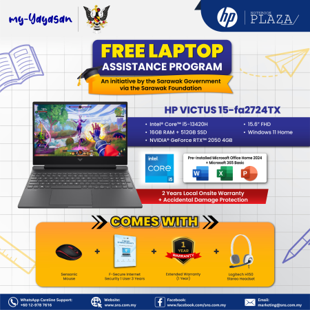 (my-Yayasan) HP Victus 15-fa2724TX 15.6" FHD 144Hz Gaming Laptop Mica Silver ( i5-13420H, 16GB, 512GB SSD, RTX2050, W11, HS )