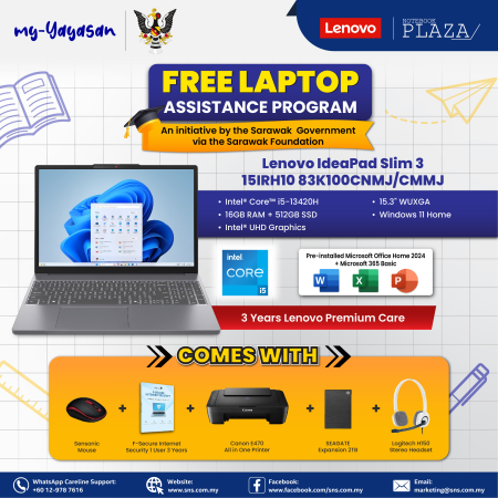 (my-Yayasan) Lenovo IdeaPad Slim 3 15IRH10 83K100CMMJ 15.3" WUXGA Laptop Luna Grey ( i5-13420H, 16GB, 512GB, intel, W11, HS )