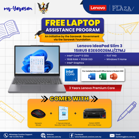 (my-Yayasan) Lenovo IdeaPad Slim 3 15IRU9 83E60026MJ 15.6" FHD Laptop Abyss Blue ( Core 5 120U, 16GB, 512GB, intel, W11, HS )