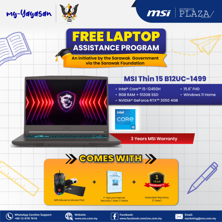 (my-Yayasan) MSI Thin 15 B12UC-1499 15.6'' FHD Gaming Laptop Cosmos Gray ( i5-12450H, 8GB, 512GB SSD, RTX3050 4GB, W11 )