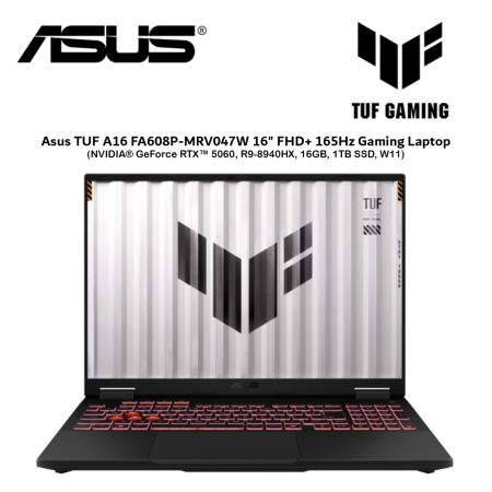 Asus TUF A16 FA608P-MRV047W 16" FHD+ 165Hz Gaming Laptop (NVIDIA® GeForce RTX™ 5060, R9-8940HX, 16GB, 1TB SSD, W11)