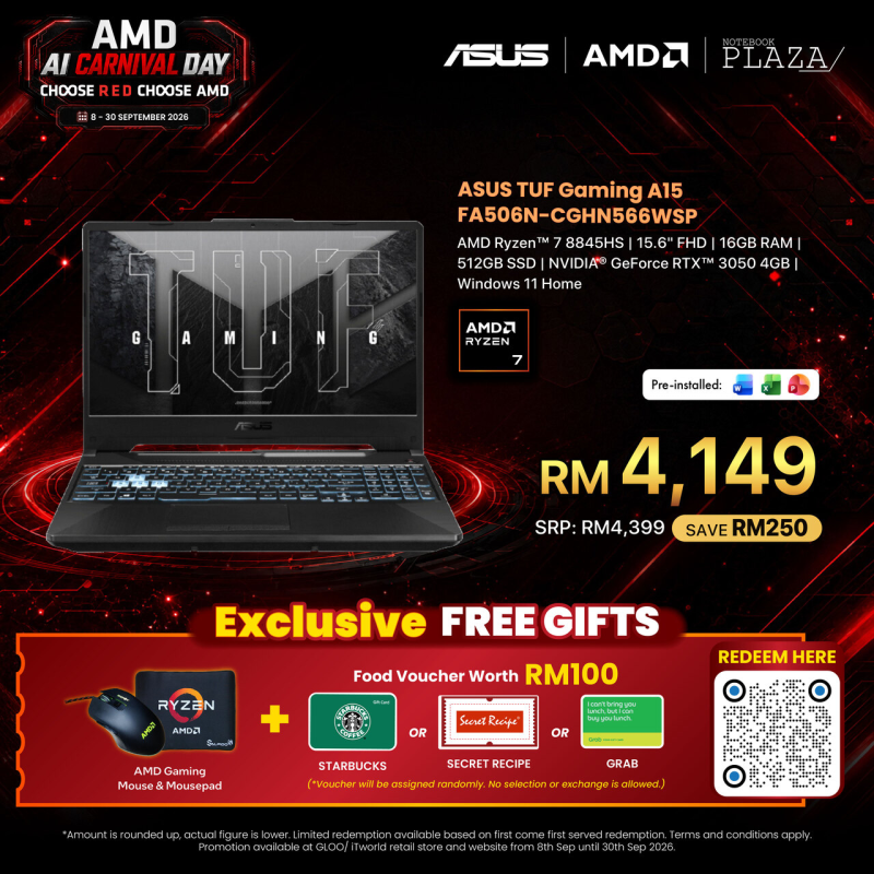 ASUS TUF Gaming A15 FA506N-CGHN566WSP 15.6 FHD 144Hz Gaming Laptop (R7-8845HS, 16GB, 512GB, RTX3050, W11, HS+M365)