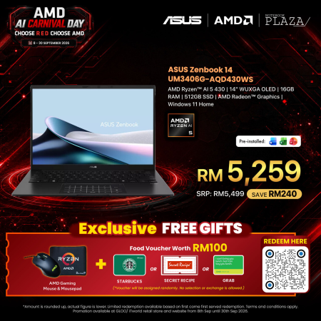 Asus Zenbook 14 UM3406G-AQD430WS 14" WUXGA OLED Laptop  Jade Black ( AI 5 430, 16GB, 512GB SSD, ATI, W11, HS+M365 )
