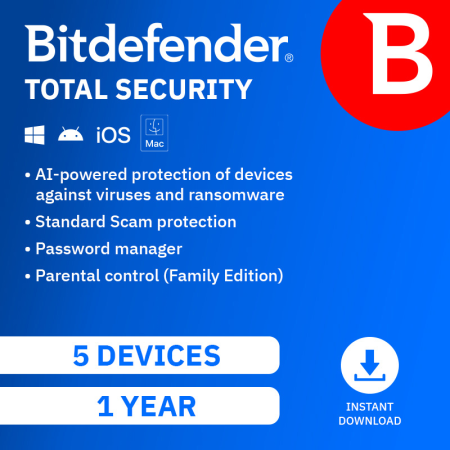 Bitdefender Total Security Individual 1/2 Years Subscription - 5 Devices